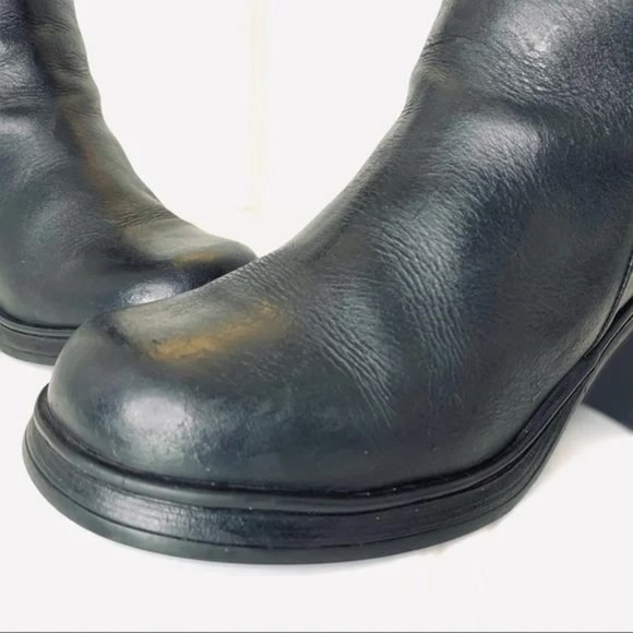 VINTAGE KNEE HIGH BLACK THICK LEATHER CHUNKY PLATFORM HEELS BOOTS SIDE ZIPPER - Picture 9 of 14
